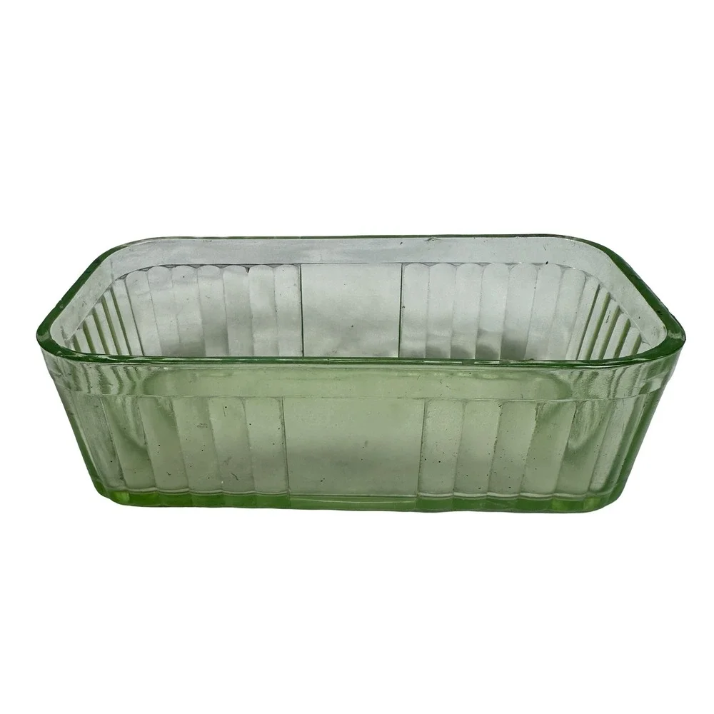 Vintage Green Uranium Depression Glass Ribbed Rectangular Refrigerator Dish